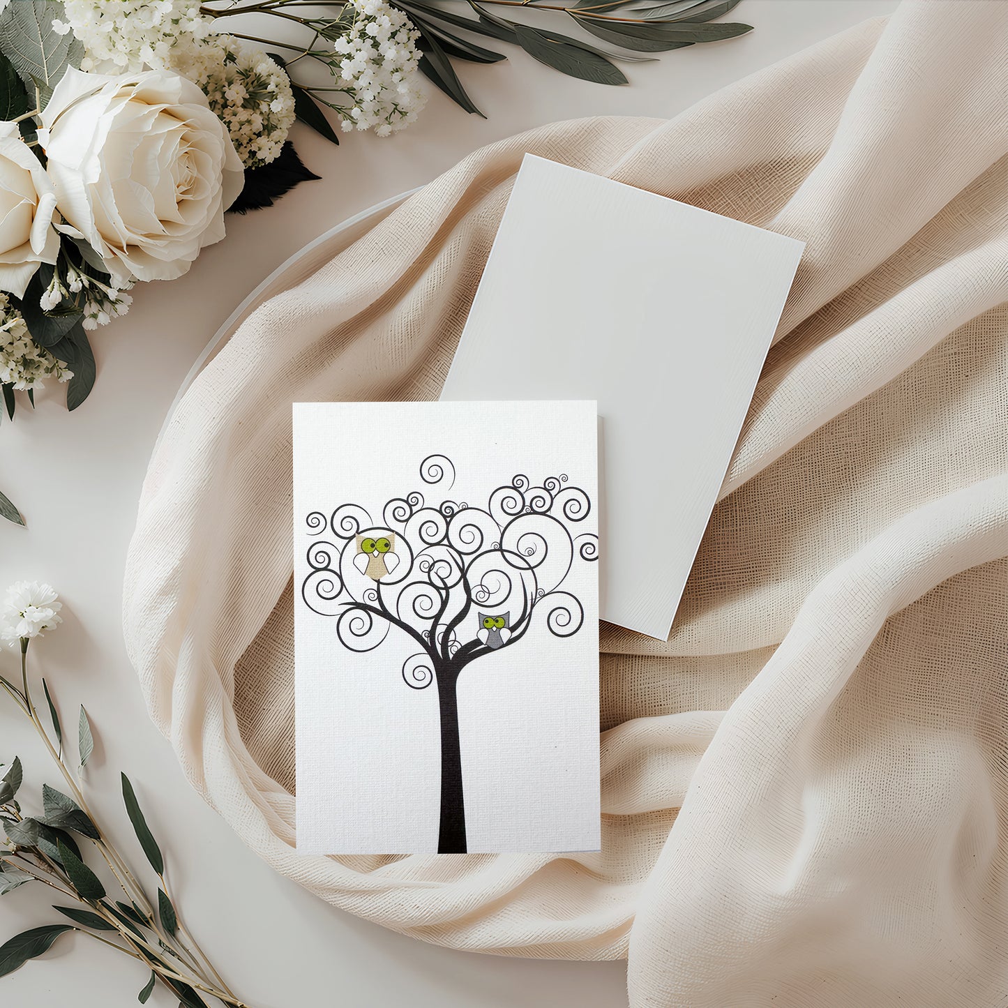 Vintage Grey Owl & Tree Card (4x3")