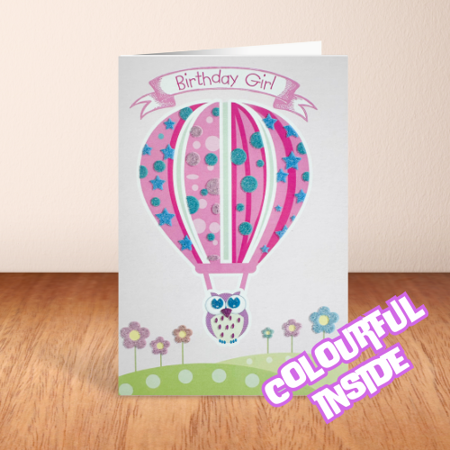 Owl in Hot air balloon sparkly 'Birthday Girl' Card (6x4")
