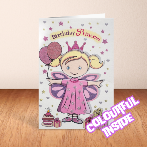 Pink Sparkly Birthday Princess & Balloon Card (6x4")