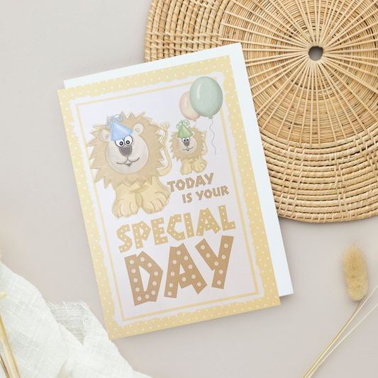 Pale Lemon Party Lions 'Today is your Special Day' Card (6x4")
