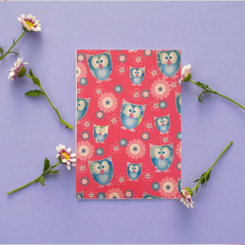 Pink, Blue Owl & Flowers Card BLANK (6x4")