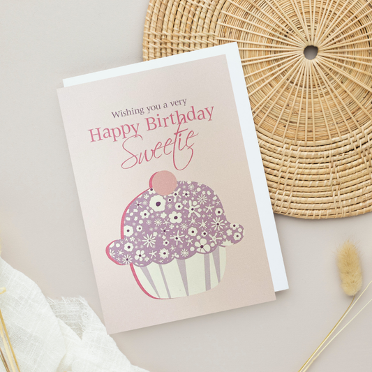 Pale Pink & Lilac Cupcake 'Wishing you a very Happy Birthday Sweetie' Card (6x4")