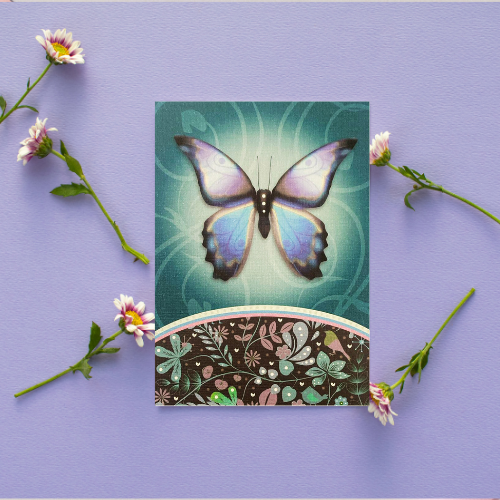 Teal Beautiful Butterfly with leaves BLANK Card (6x4")