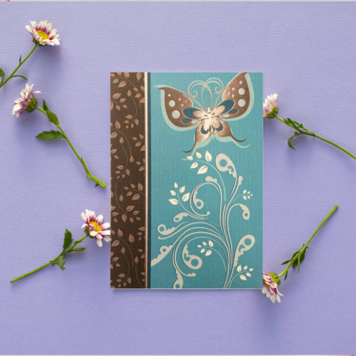 Teal Butterfly & patterned leaves Card (6x4")