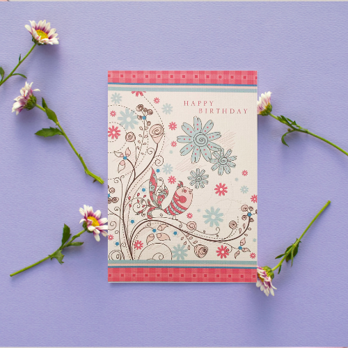 Patterned Pale Pink & blue flowers & bird 'Happy BirthDay' Card (6x4")