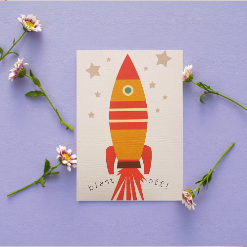 Tangerine & Red Rocket 'Blast Off' BLANK Card (6x4")