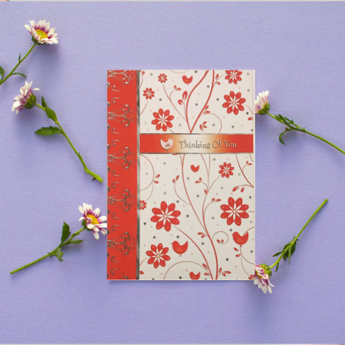 Red & White Wispy Flowers 'Thinking of You' Card (6x4")