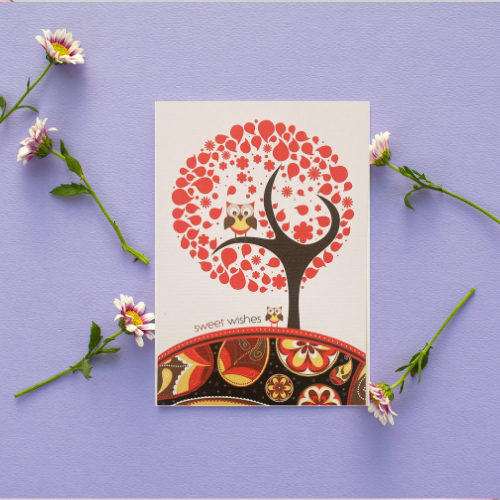 Red Circle Leaf Tree with Owl & Abstract Pattern 'Sweet Wishes' BLANK Card (6x4")