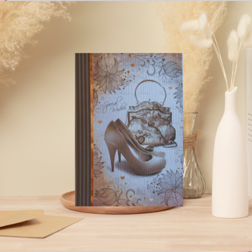 Taupe Vintage High Heeled Shoes & Handbag 'Special Wishes' Card (6x4")