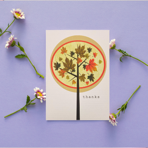 Tangerine Circle Tree with Autumnal Leaves 'Thanks' BLANK Card (6x4")