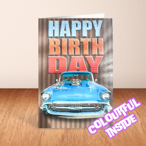 Happy Birthday Blue American Car Card (6x4")