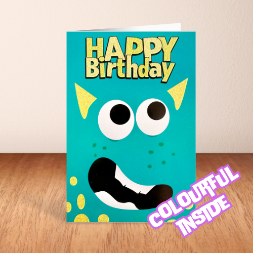 'Happy Birthday' Green Sparkly Monster Card (6x4")
