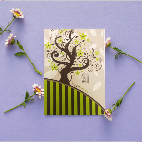 Lime Green abstract tree, birdcage & hummingbird BLANK Card (6x4")