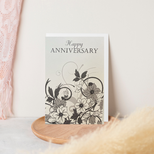 Grey Entwined Flowers 'Happy Anniversary' Card (6x4")
