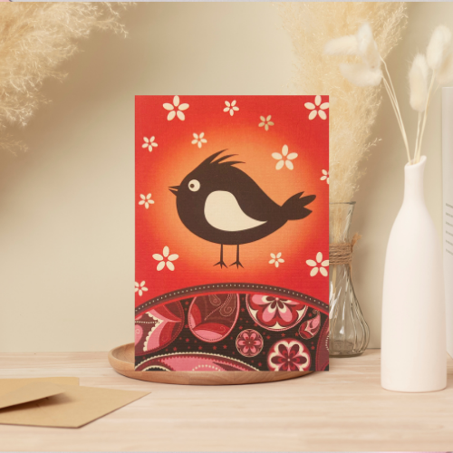 Red, pink & White Bird with retro flowers BLANK Card (6x4")