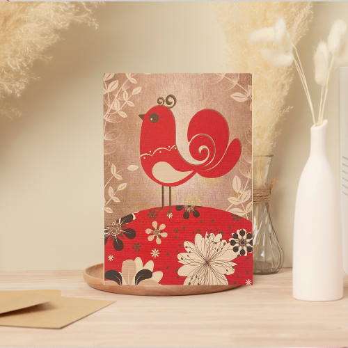 Red, Grey & White Bird with land flowers BLANK Card (6x4")