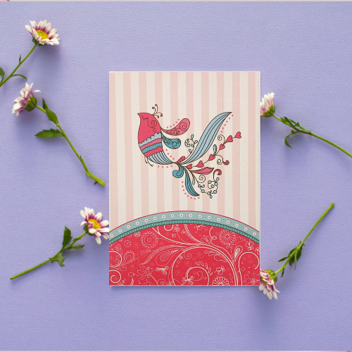 Pink & Blue Bird with stripes & pattern Card BLANK (6x4")