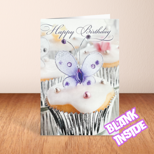 Silver Cupcakes with Butterflies 'Happy Birthday' Card BLANK (6x4")