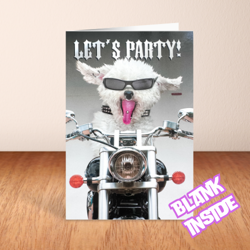 'Let's Party' Cool Dog on Motorbike Card BLANK (6x4")