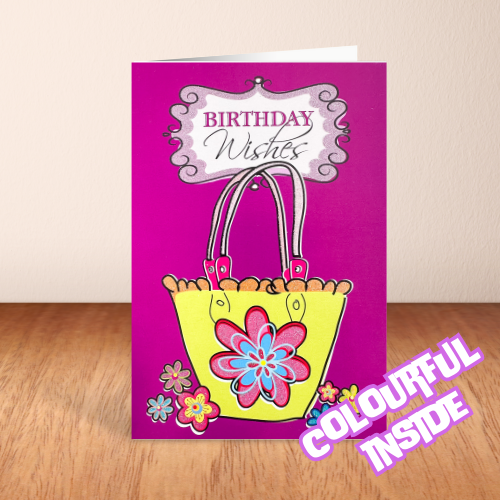 Purple & yellow pretty Handbag 'Birthday Wishes' Card (6x4")