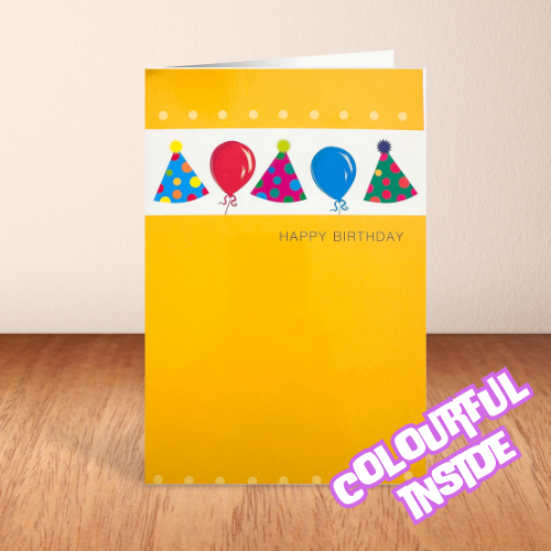 Yellow Party Hat & Balloon 'Happy Birthday' Card (6x4")