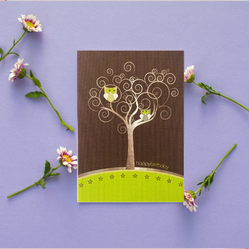 Lime Green Tree with Owls 'Happy Birthday' Card (6x4")