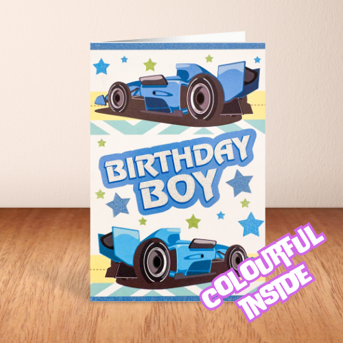 'Birthday Boy' Blue Racing Cars Card (6x4")