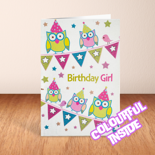 'Birthday Girl' Colourful Owl & Party Banner Card (6x4")