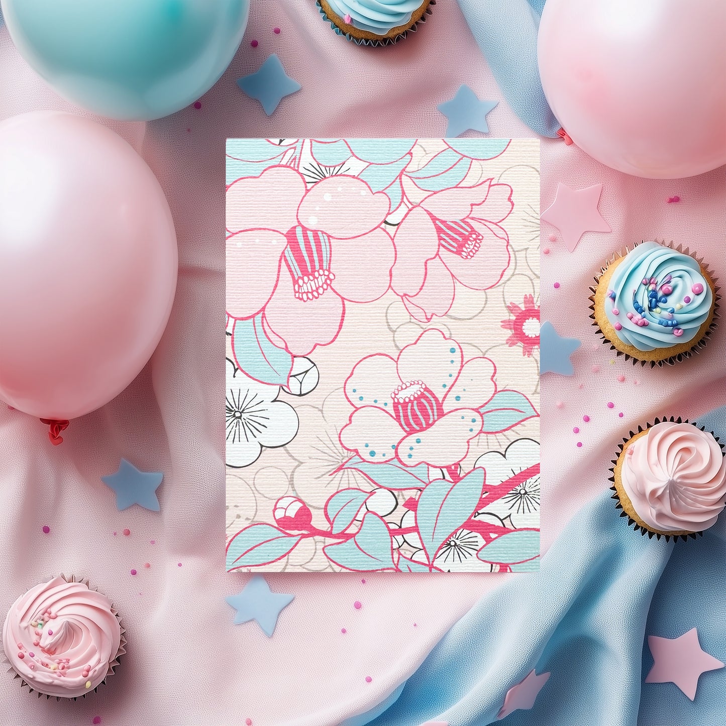 Pale Pink & Blue Flowers Card (4x3")