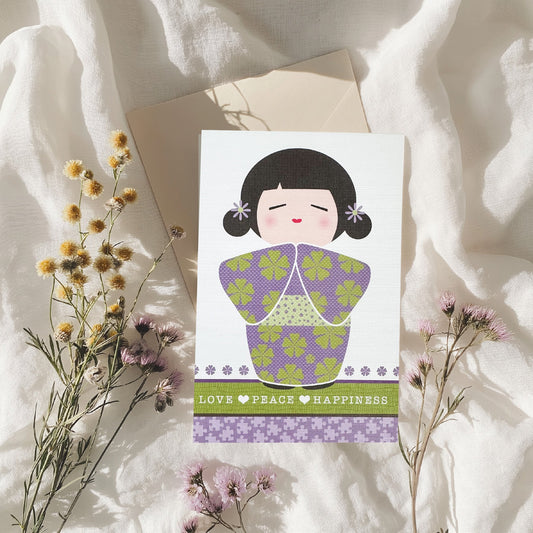 Lilac & Mint Doll 'Love Peace Happiness' Card BLANK (6x4")