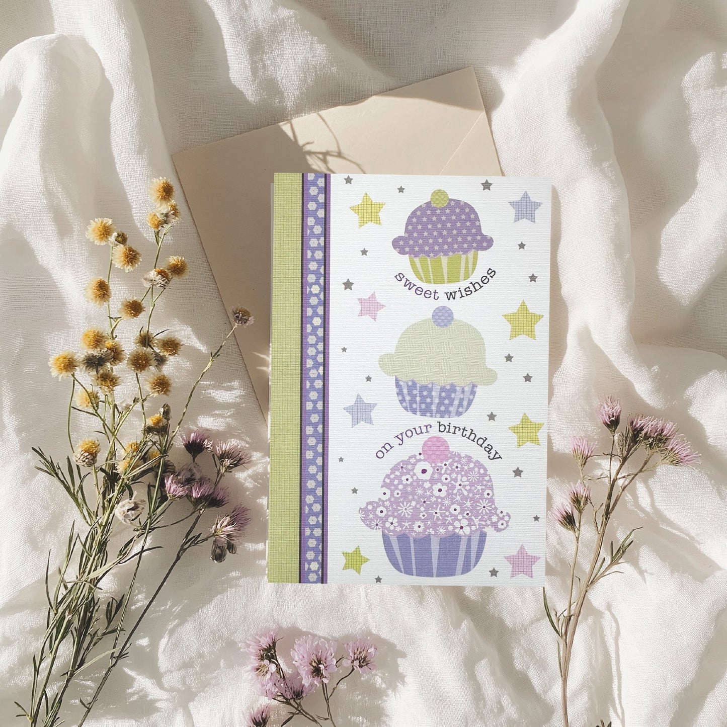 Lilac & Mint Cupcake 'Sweet Wishes on your Birthday' Card (6x4")