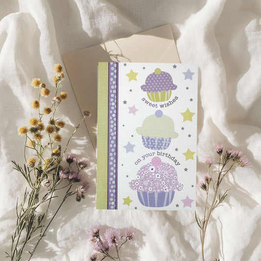 Lilac & Mint Cupcake 'Sweet Wishes on your Birthday' Card (6x4")