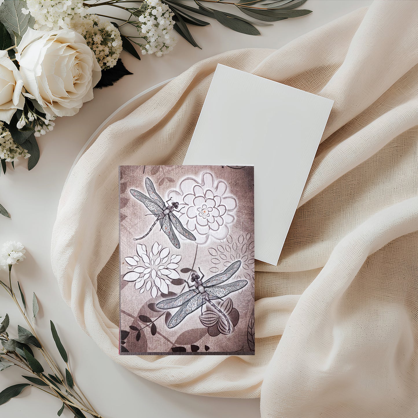 Vintage Grey Dragonfly & Flower Card (4x3")