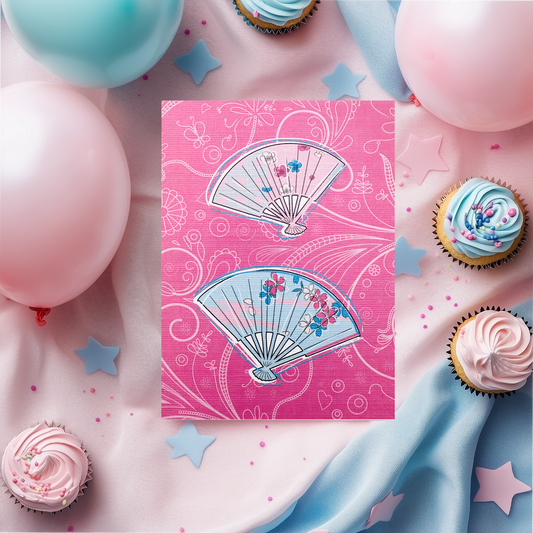 Pink & Blue Chinese Fan Card (4x3")