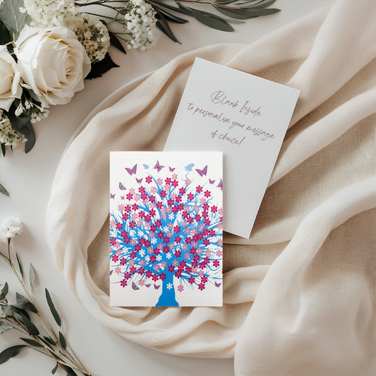 Pink & Blue Flower/Butterfly Tree Card (4x3")