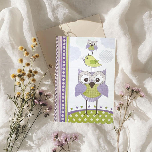 Lilac & Mint Owl Card BLANK (6x4")