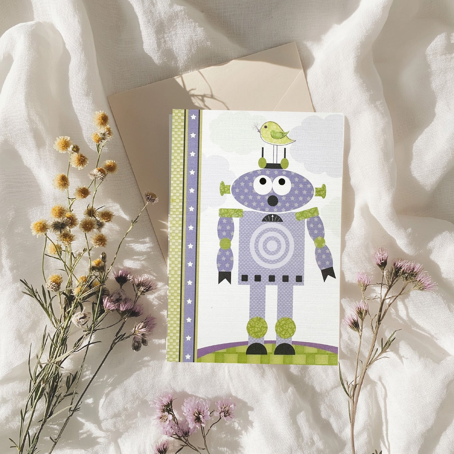 Lilac & Mint Robot & Bird Blank Card (6x4")