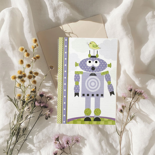 Lilac & Mint Robot & Bird Blank Card (6x4")