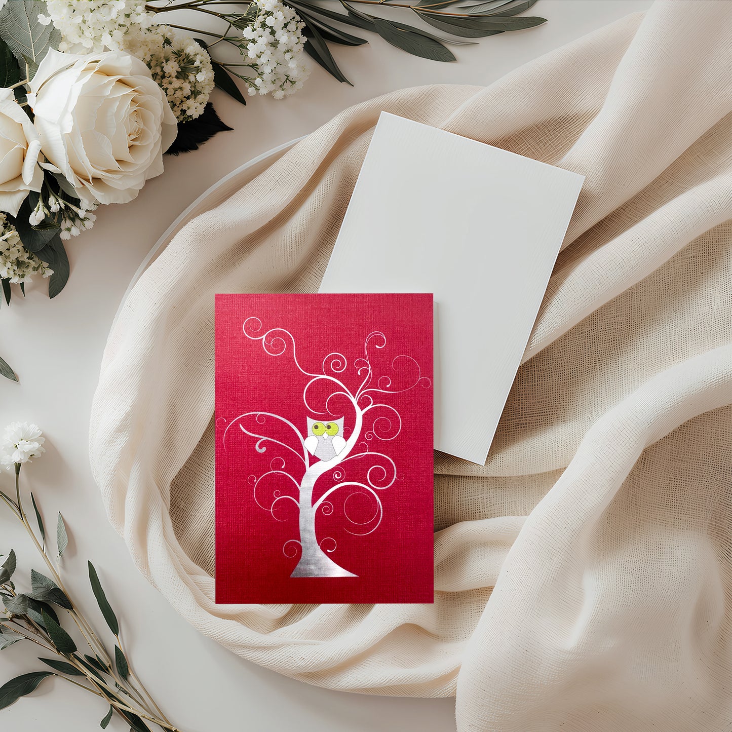 Red Tree & Owl Card (4x3")