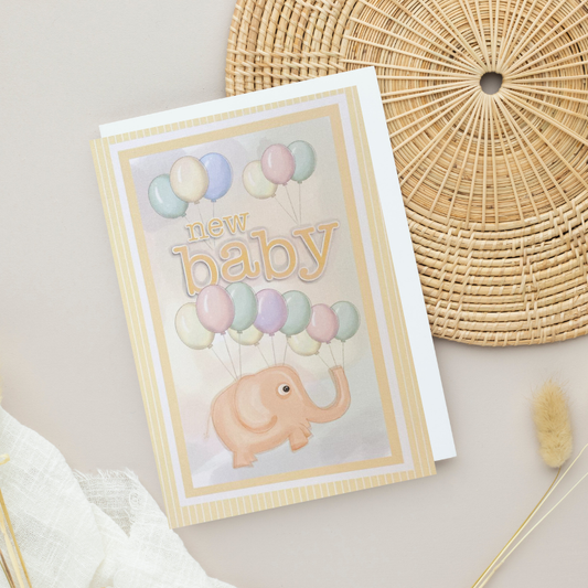 Pale Lemon 'New Baby' Elephant with pastel balloons Card (6x4")