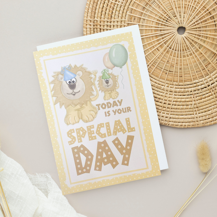Pale Lemon Party Lions 'Today is your Special Day' Card (6x4")