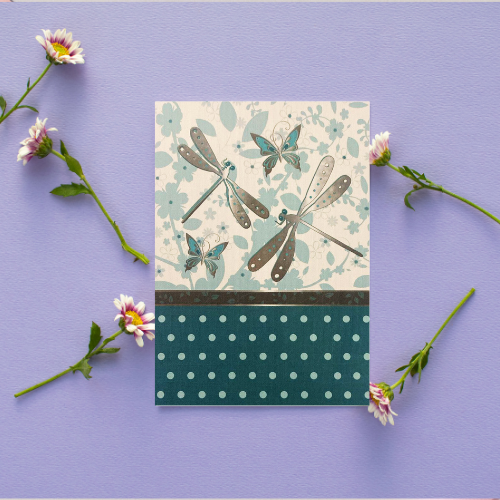 Teal Dragonfly & Butterflies with spotty detail BLANK Card (6x4")