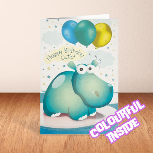 Cute Hippo & Balloons sparkly 'Happy Birthday Cutie' Card (6x4")