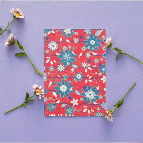 Pink, blue & white flowers with birds on a line Card BLANK (6x4")