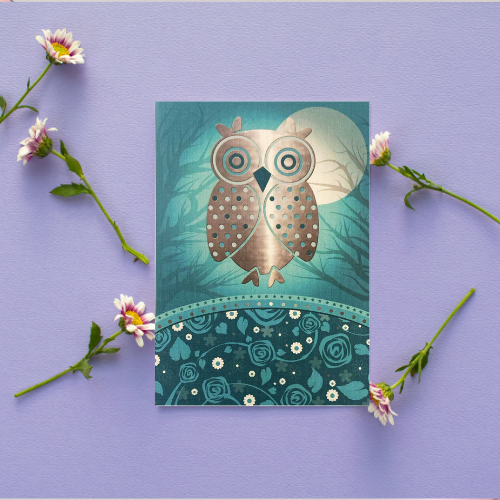 Teal Owl in Moonlight with flower detail BLANK Card (6x4")