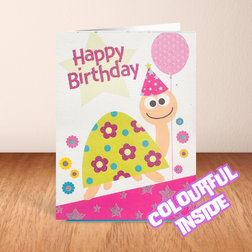 Pretty Party Turtle sparkly 'Happy Birthday' card (6x4")