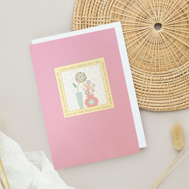 Pale Pink card with flowers in square 'A smile can brighten your day...' Card (6x4")