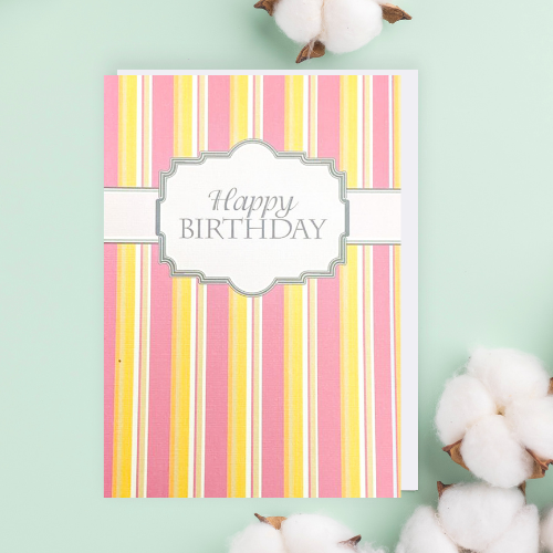 Pink & Yellow striped 'Happy Birthday' BLANK Card (6x4")