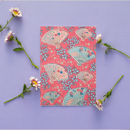 Pink & blue Chinese Fans Card BLANK (6x4")
