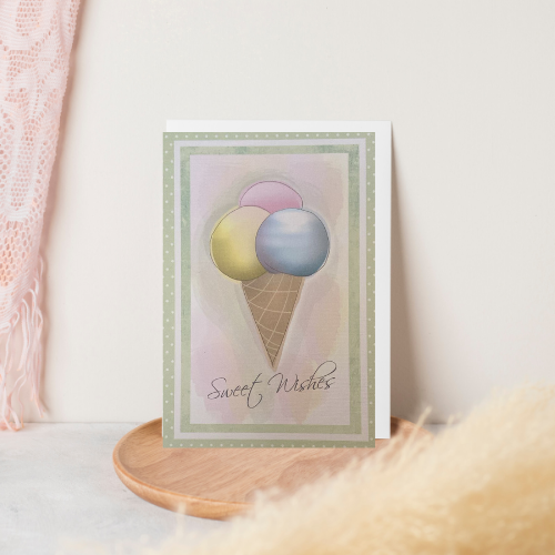 Mint Green with Ice cream cone 'Sweet Wishes' Card (6x4")